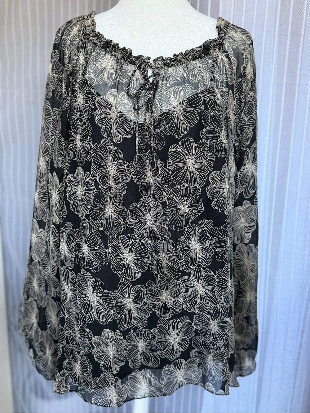 Silk 100% Black Sheer Floral Tie-Neck Blouse